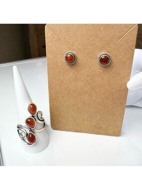 NEW .925 Sterling Silver Carnelian Ring & Stud Earrings Set Ring Size 10